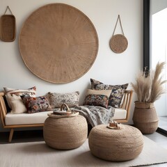 The living room's interior design features a chic pouf, picture frames, carpet decorations, slippers, pillows, blankets, an ethnic rattan basket filled with dried flowers, a wooden screen, and tastefu - obrazy, fototapety, plakaty