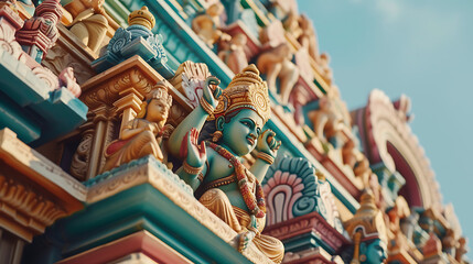 Fototapeta na wymiar Templo hindu vibrante e colorido com esculturas e entalhes intricados sob um céu azul claro