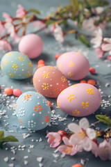 Fototapeta na wymiar Happy Easter! Colorful Easter eggs and flowers.