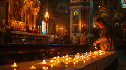 Mulher acendendo vela em altar em igreja escura com ícones religiosos em primeiro e segundo plano - obrazy, fototapety, plakaty
