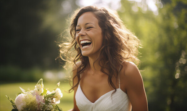 Beautiful woman in bride day.  Luxury wedding girl posing and smiling at bride photo shooting