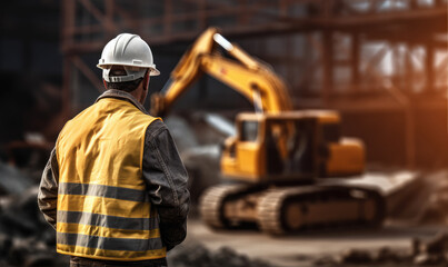 Worker from behind with yellow helmet on constructon site. Industry concept