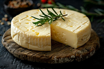 Cheese wheel with a slice cut out on a wooden board