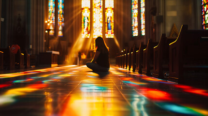 Mulher rezando em uma igreja tranquila com luz do sol e vitrais ao fundo - obrazy, fototapety, plakaty