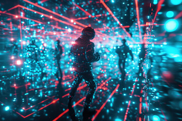 Fototapeta na wymiar Futuristic Cybersecurity: People in Cyber Suits Guarding Virtual Cyberspace with Neon Meshes and Data Streams