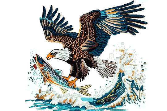 An AI generative image embroidery of eagle catch a fish at river.