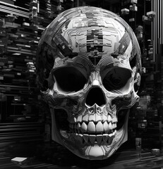 Digital Glitch Art Skull on Abstract Background monochrome texture