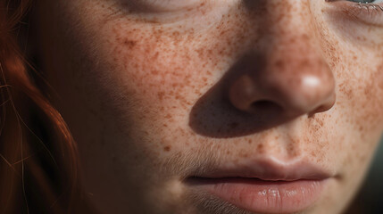 Young Woman with Freckles and Problematic Moles Close Up