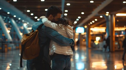 Airport Terminal Family Reunion: Caring Father Meets His Cute Little Daughter and Beautiful Wife at the Boarding Lounge of Airline Hub. He Picks Up and Dances with Lovely Child and Hugs His Partner - Powered by Adobe