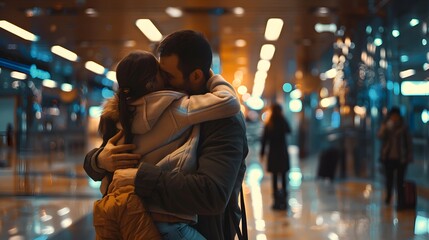 Airport Terminal Family Reunion: Caring Father Meets His Cute Little Daughter and Beautiful Wife at...