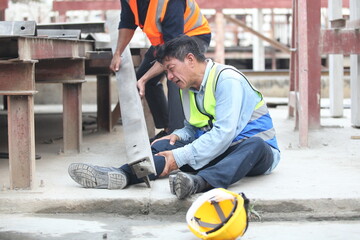  Accident at work of construction worker at site. Safety team helps employee accident.