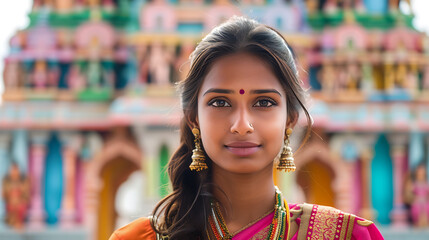 ***Título*** Mulher em traje tradicional sorrindo em frente a um templo hindu colorido com símbolos religiosos vibrantes e entalhes intrincados - obrazy, fototapety, plakaty