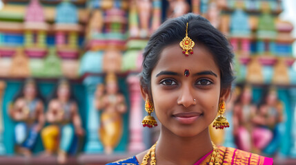 ***Título*** Mulher em traje tradicional sorrindo em frente a um templo hindu colorido com símbolos religiosos vibrantes e entalhes intrincados - obrazy, fototapety, plakaty