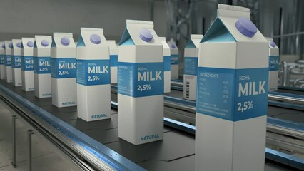 Milk cartons production at the industrial facility. Multiple natural milk in carton package on the automatic production conveyor belt. Production of the milk cartons at the dairy factory. Beverage