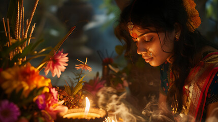 Jovem mulher iluminando uma vela em um pequeno santuário decorado com flores e incenso em suave luz natural - obrazy, fototapety, plakaty