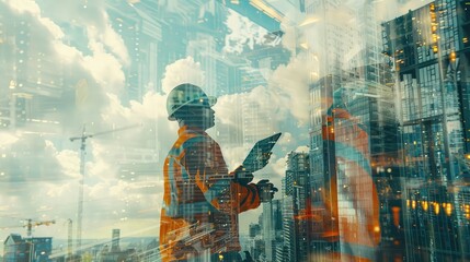 Double exposure image of construction worker with tablet computer and wearing construction uniform against the background of surreal construction site in the city. - obrazy, fototapety, plakaty