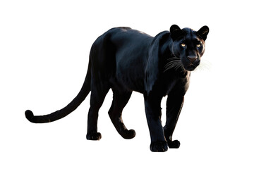 a high quality stock photograph of a single happy black panther full body isolated on a white background