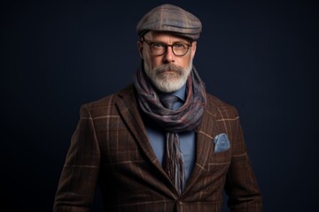 Portrait of a senior man wearing a hat, scarf and glasses.