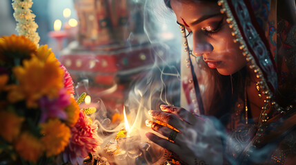 Jovem mulher iluminando uma vela em um pequeno santuário decorado com flores e incenso em suave luz natural