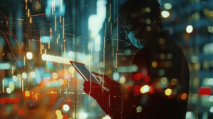 Double exposure of businessman using the tablet with cityscape and financial graph on blurred...