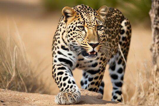 a high quality stock photograph of a single leopard full body isolated on a nature background