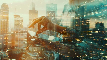 Double exposure photo.Female hand touching modern tablet.Investment manager working new private banking project office.Using electronic device.City skyscrapers background,film and bokeh effect. - obrazy, fototapety, plakaty