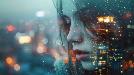 Double exposure portrait of attractive young girl with night city