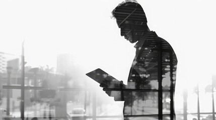 Double exposure silhouette of man skilled managing director is analyzing activities of the company by using touch pad and net-book. Thoughtful economist is reading news in network via digital tablet - obrazy, fototapety, plakaty