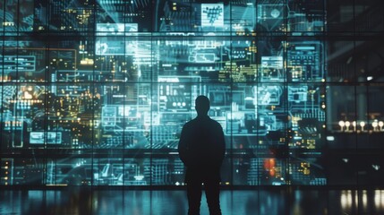 Digital analytics data visualization. Person standing in front of holographic displays. Big data. Network connection. Artificial intelligence technology. Digital tech.	
