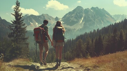 Man and woman hikers trekking in mountains. Young couple walking with backpacks in forest, Tatras in Poland. Old vintage photo style - obrazy, fototapety, plakaty