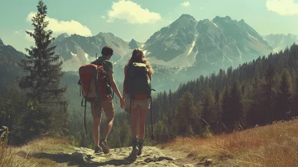 Papier Peint photo autocollant Tatras Man and woman hikers trekking in mountains. Young couple walking with backpacks in forest, Tatras in Poland. Old vintage photo style