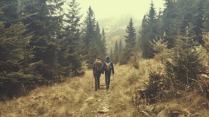 Man and woman hikers trekking in mountains. Young couple walking with backpacks in forest, Tatras...