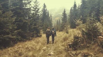 Papier Peint photo autocollant Tatras Man and woman hikers trekking in mountains. Young couple walking with backpacks in forest, Tatras in Poland. Old vintage photo style
