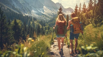 Man and woman hikers trekking in mountains. Young couple walking with backpacks in forest, Tatras in Poland. Old vintage photo style - obrazy, fototapety, plakaty