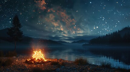 Night camping on shore. campfire under evening sky full of stars and Milky way on blue water and forest background. Outdoor lifestyle concept - obrazy, fototapety, plakaty
