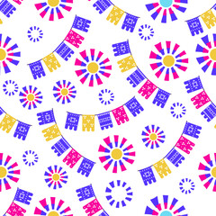 Vector bright sramless pattern with colorful flags and stars pinatas on white background