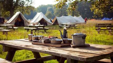 Outdoor Kitchen Equipment and wooden Table set with Field Tents group in Camping area at Natural Parkland