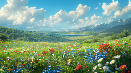 image of a spring landscape with lush green rolling hills, dotted with colorful wildflowers, under a clear blue sky with fluffy white clouds