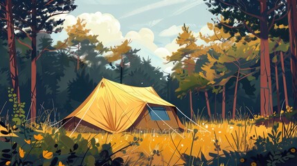 Tourist tent in forest camp among meadow - obrazy, fototapety, plakaty