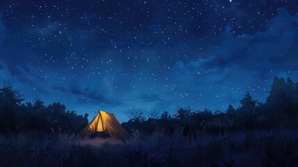 A tent glows under a night sky full of stars. - obrazy, fototapety, plakaty