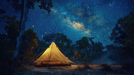 A tent glows under a night sky full of stars. - obrazy, fototapety, plakaty
