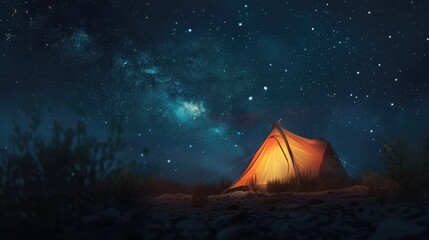 A tent glows under a night sky full of stars. - obrazy, fototapety, plakaty