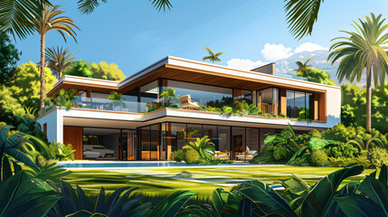 Fototapeta premium illustration of a modern home with clean lines, large windows, and a minimalist design, set against a backdrop of lush greenery and a clear blue sky