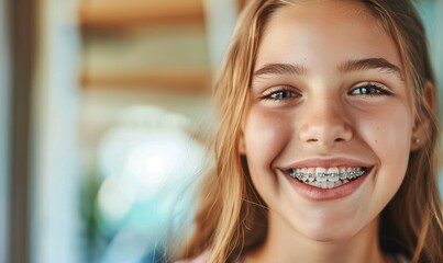 A smiling girl teenager with braces mouth, close up