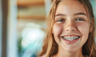 Foto op Plexiglas A smiling girl teenager with braces mouth, close up © piai