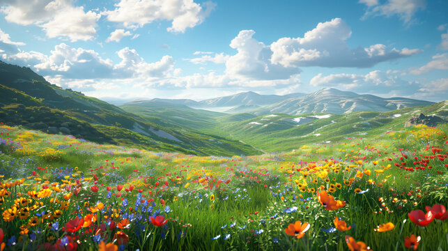 image of a spring landscape with lush green rolling hills, dotted with colorful wildflowers, under a clear blue sky with fluffy white clouds