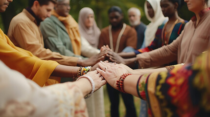 Um grupo diversificado unido em círculo celebrando a união de culturas e religiões em meio à natureza tranquila - obrazy, fototapety, plakaty