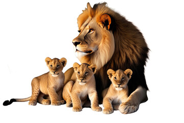 a high quality stock photograph of a single mother lion with cub full body isolated on a white background