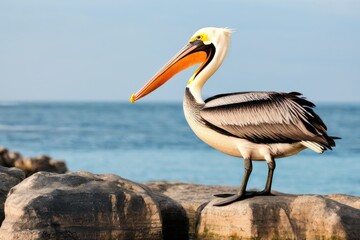 a high quality stock photograph of a single pelican full body isolated on a sea background