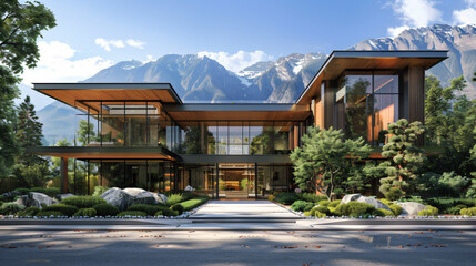Obraz premium photo-realistic image of a luxurious modern home with a grand entrance and expansive glass walls, offering stunning views of a mountain landscape